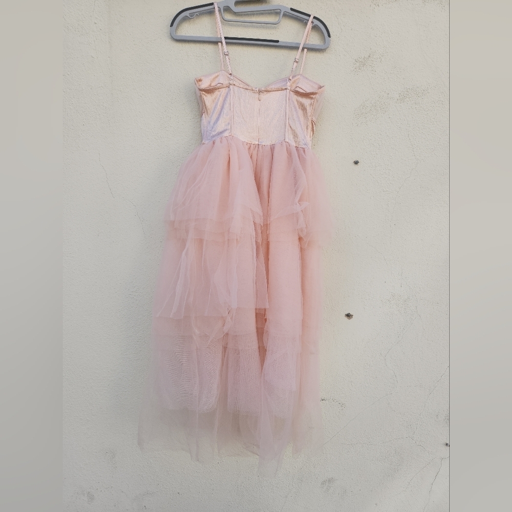 Ballet Pink Satin Corset Bustier Coquette Tiered Tulle Midi Dress - Picture 4 of 8